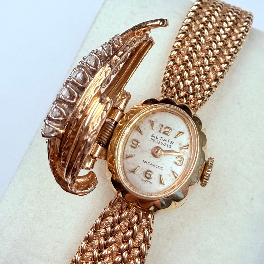 Estate 14K Solid Gold Altair Ladies Diamond Hidden Dial Bracelet Watch 1940's - Picture 5 of 16